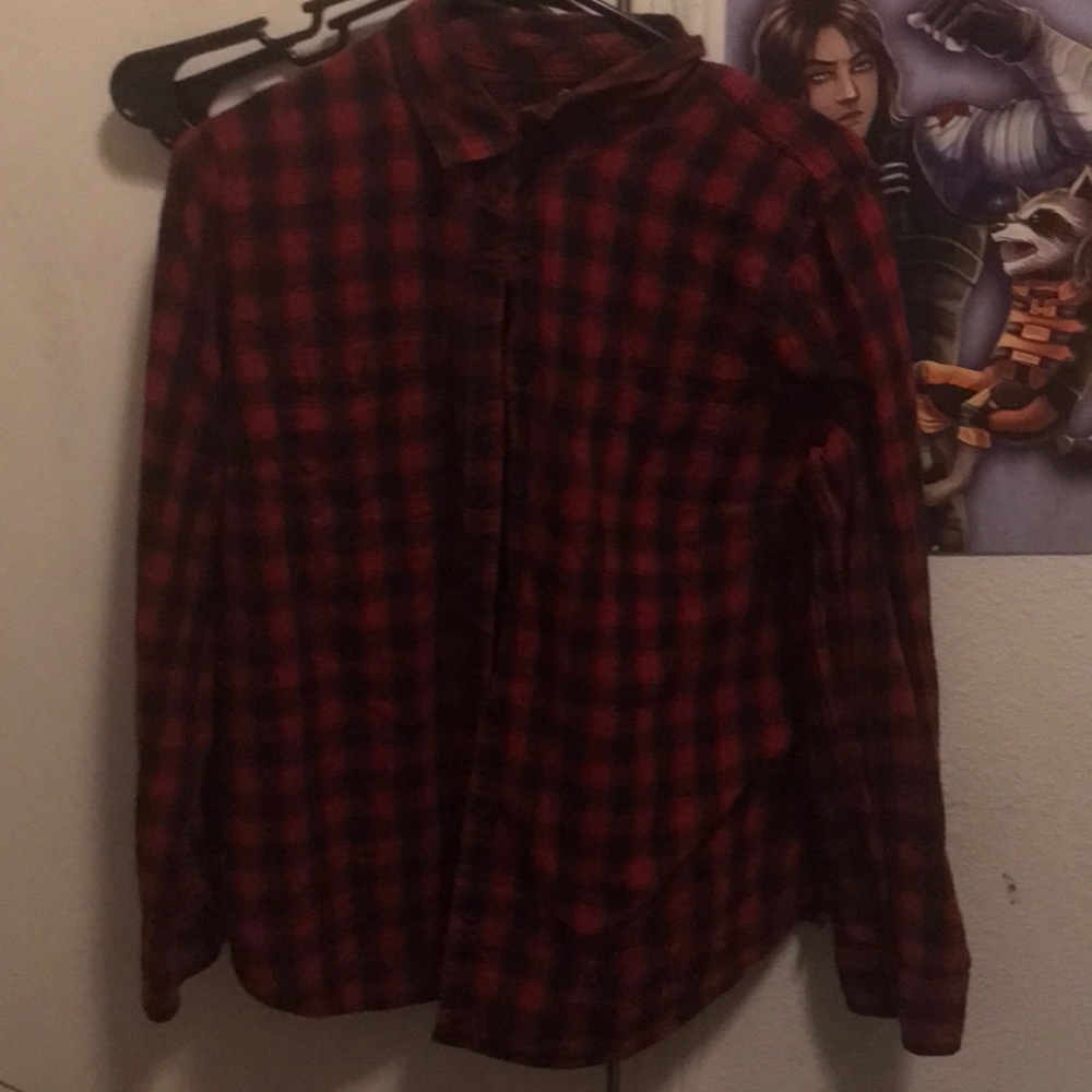 Red and black flannel button-down shirt